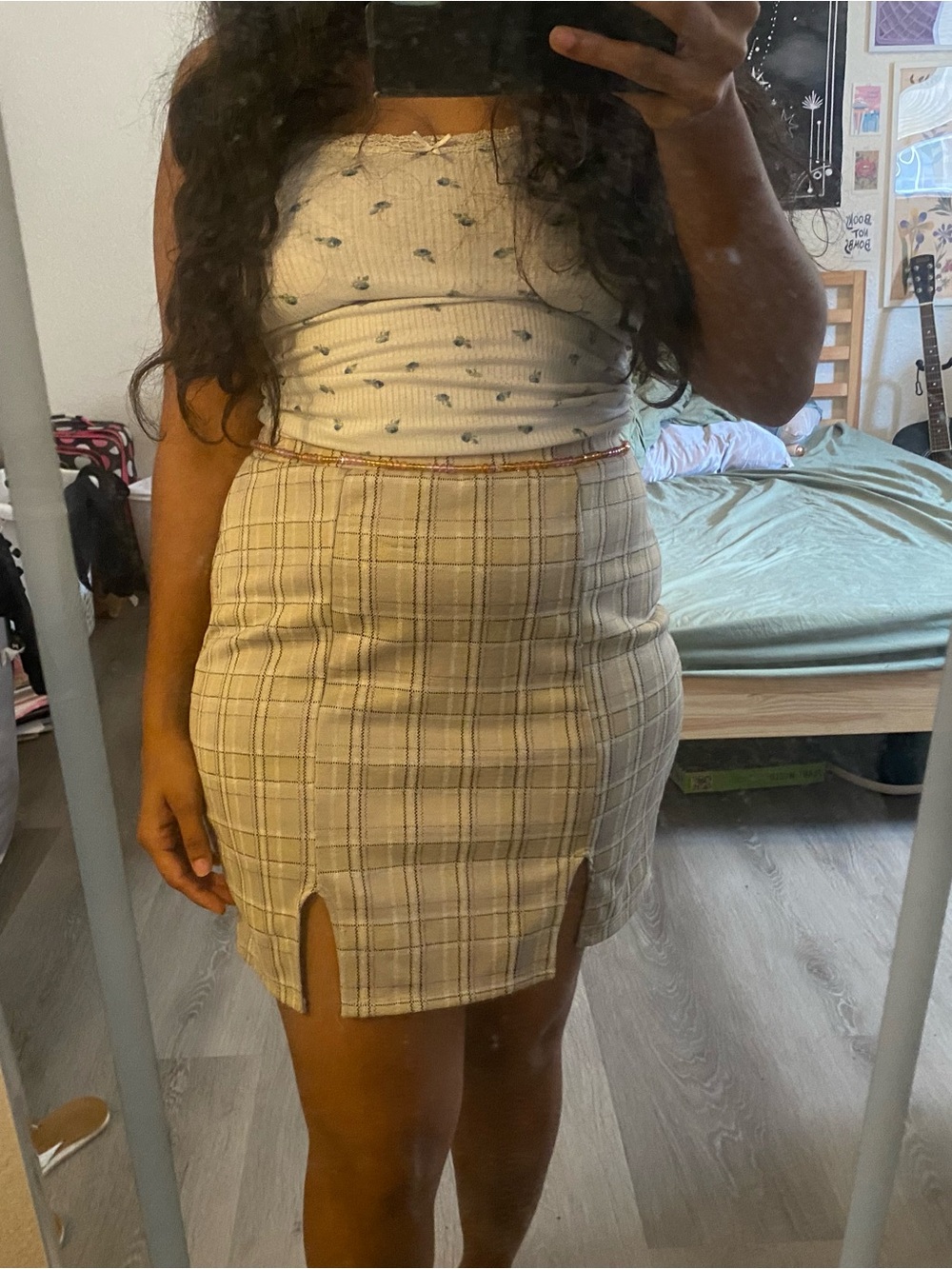 Vibe Beige Plaid Mini Skirt with Subtle Pink Lines - Picture 7 of 8